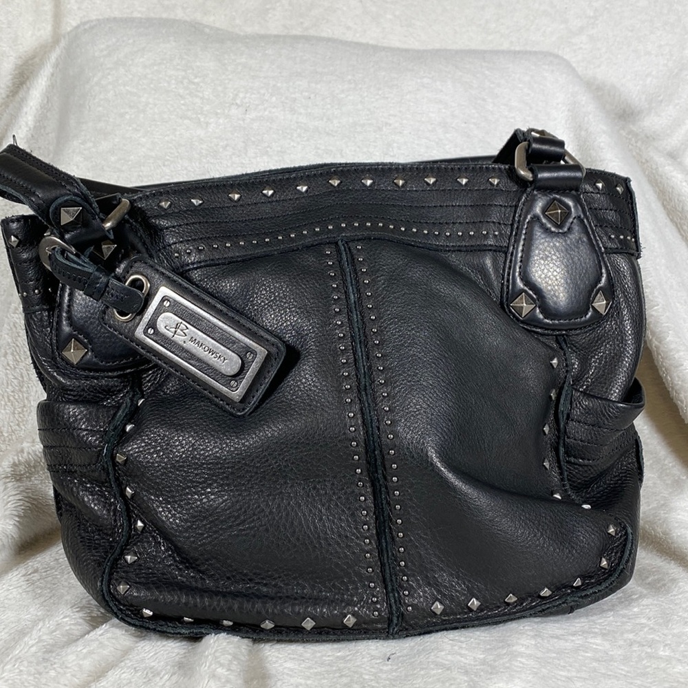 B. Makowsky super soft black leather handbag with silver studded detail